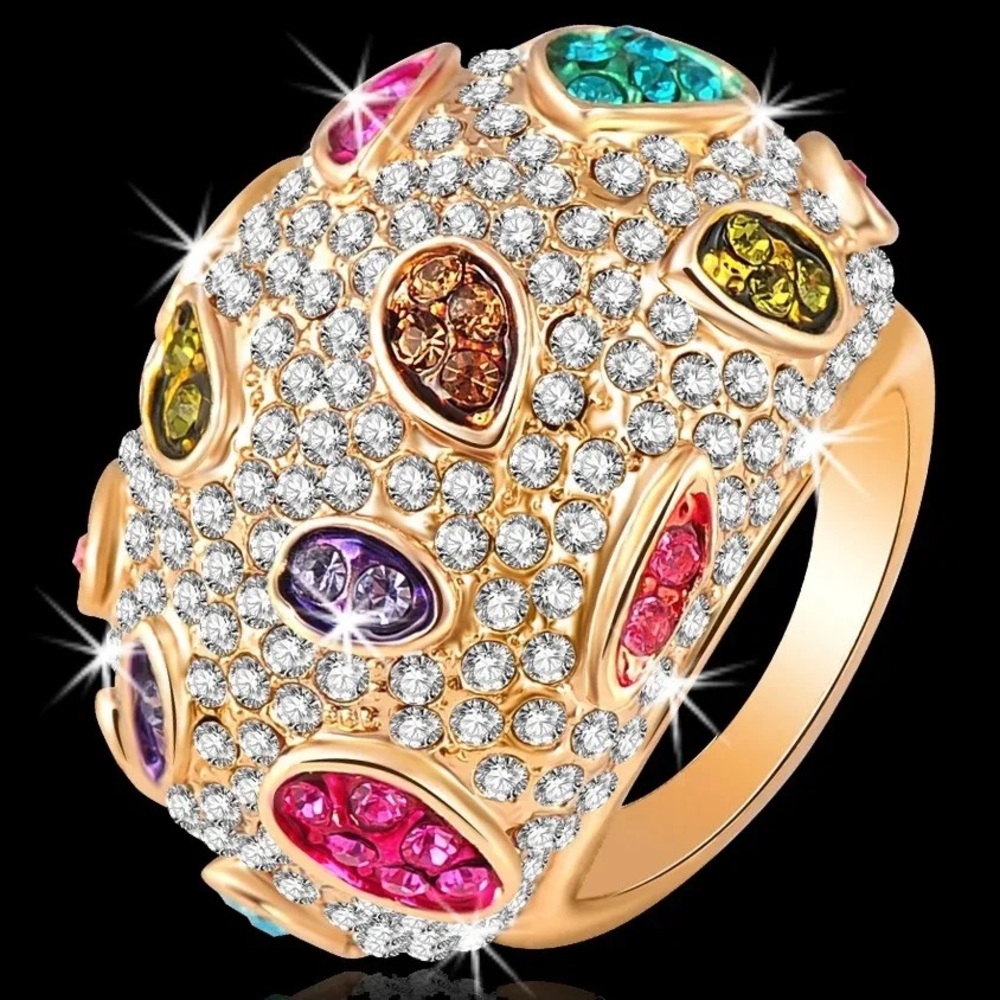 Multi Color Gold Crystal Diamond Pave Set Sparkle cocktail statement Dome Ring